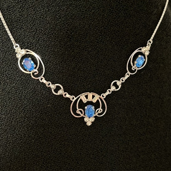 Vintage Loran Sim Sterling Blue Stone Necklace Art Deco Design - Picture 1 of 13